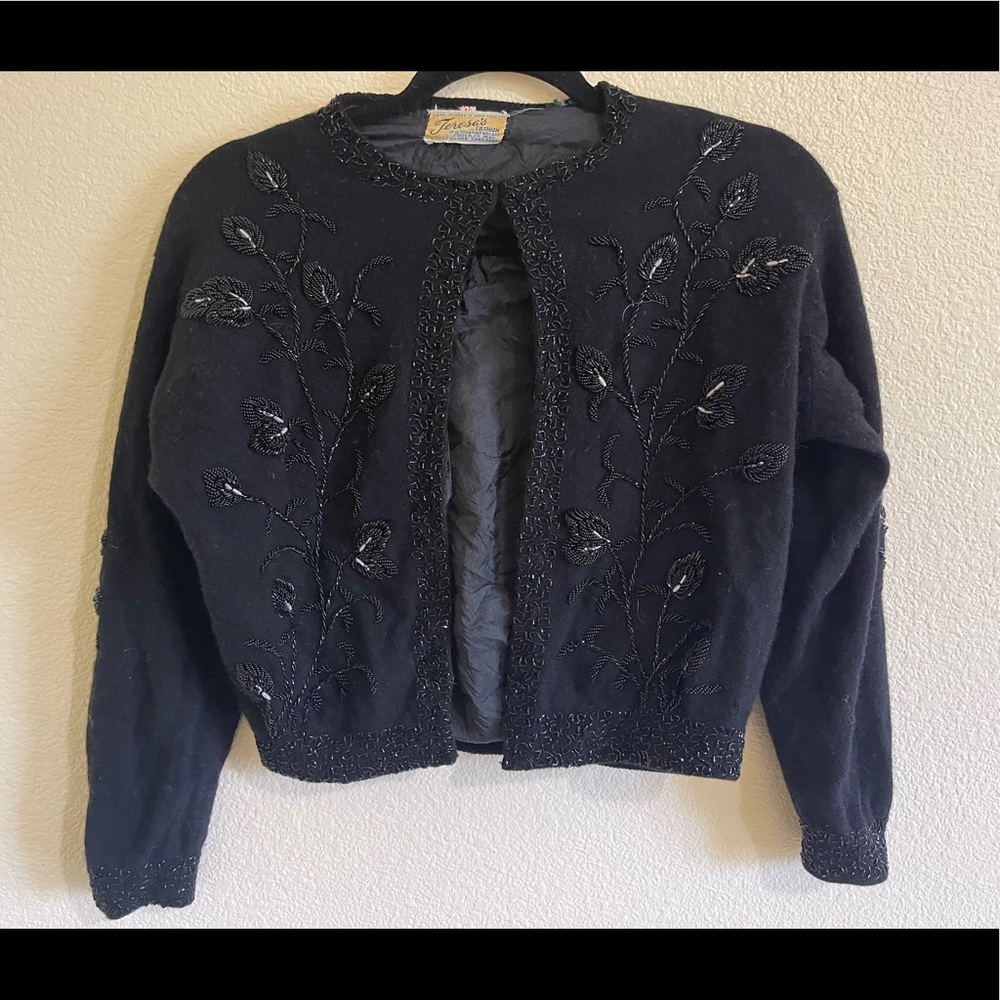 VINTAGE 60s 70s BLACK WOOL BEADED CARDIGAN
